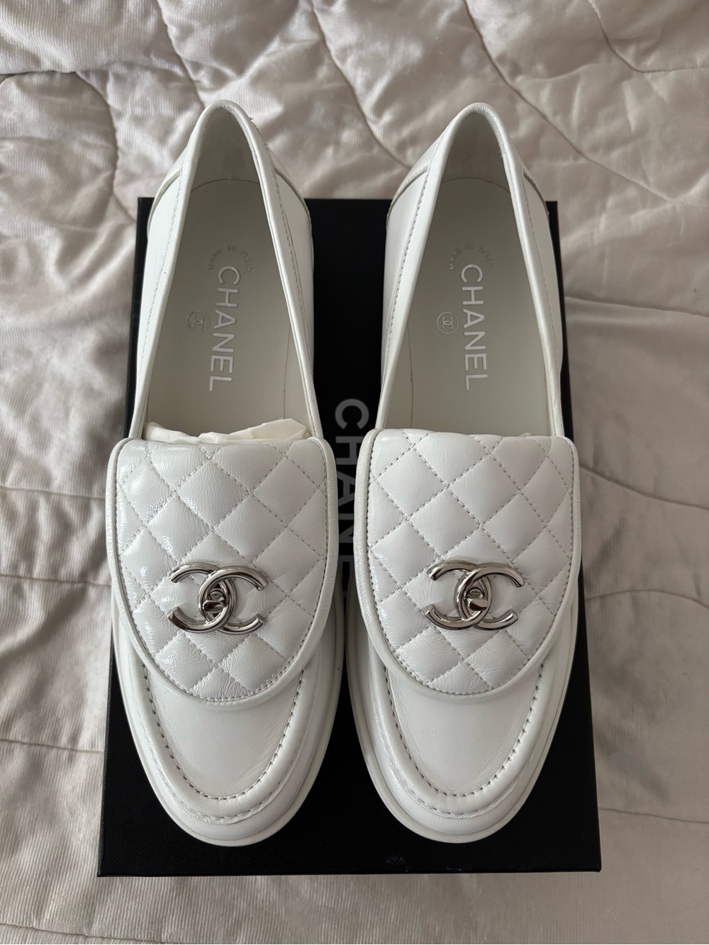 CHANEL White Quilted Turn Lock Leather Loafers with Silver CC Hardware